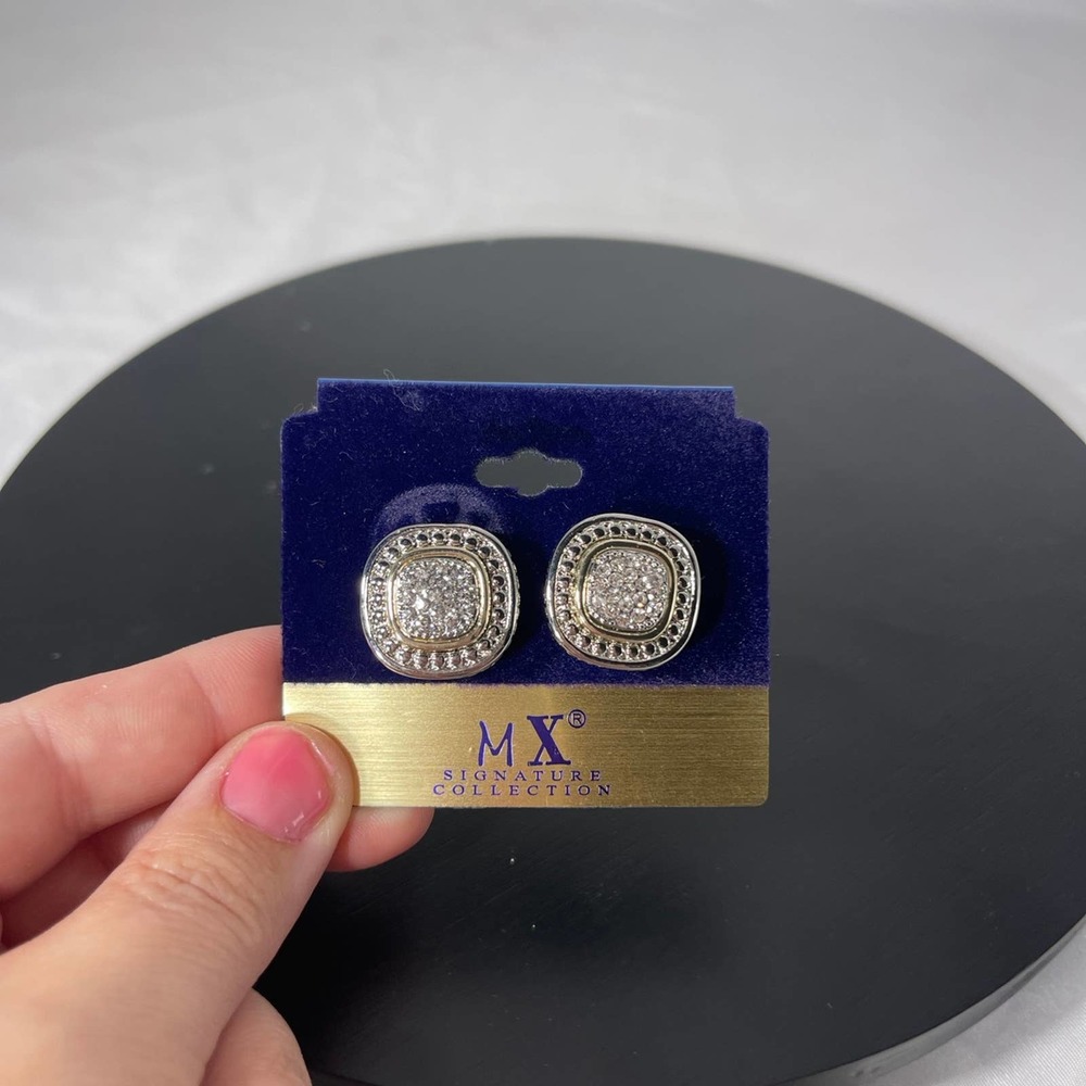 VTG new! CZ silver tone button earrings